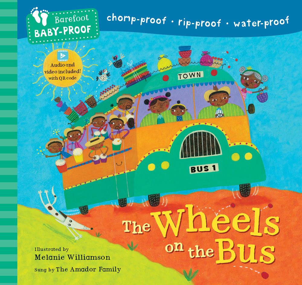 Book cover of 'The Wheels on the Bus' with a colorful illustration of children on a bus. Available at Be Charmed
