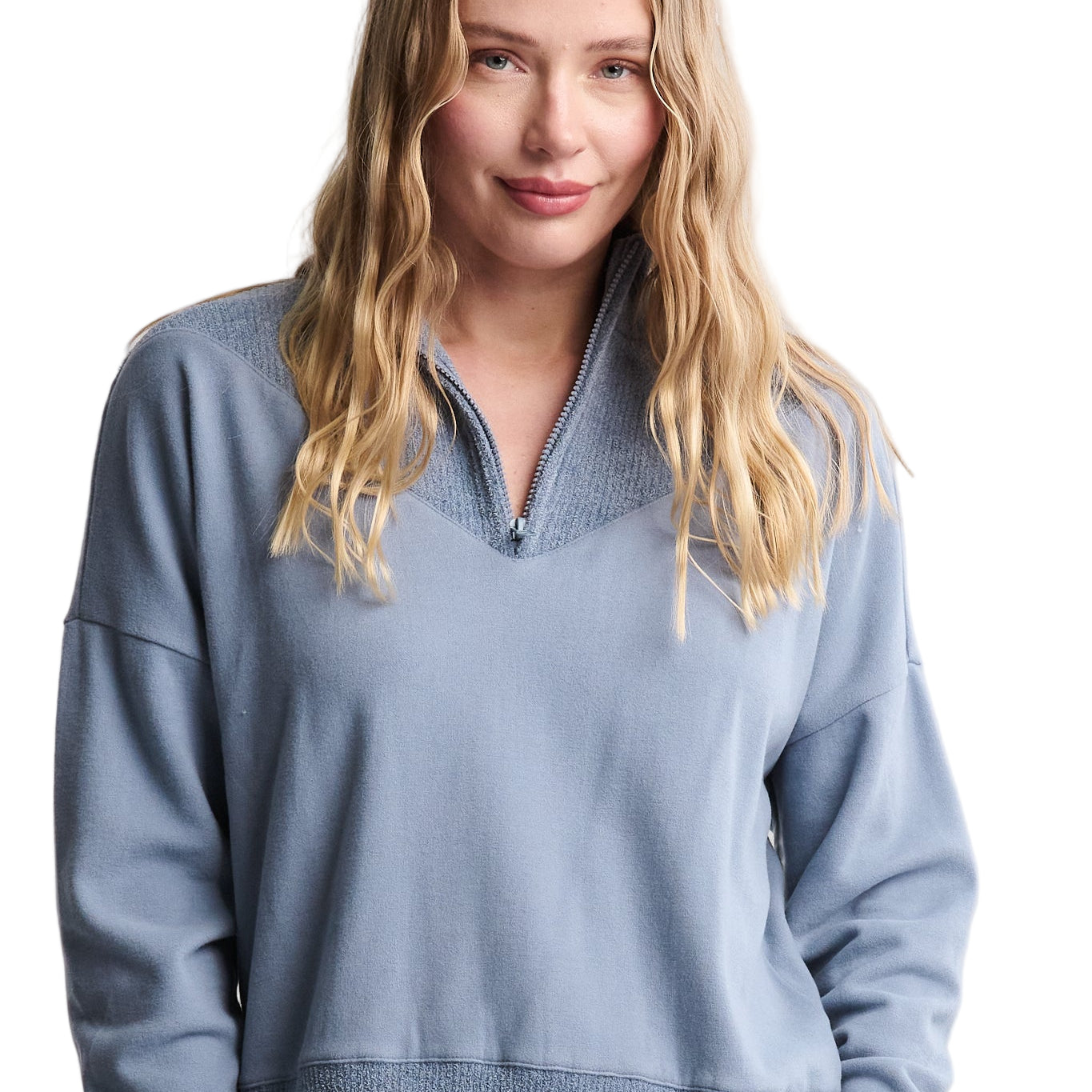 Barefoot Dreams Blue Dusk Brushed Fleece 1/4 Zip with CCUL Rib—luxury cozy pullover for layering or lounging. Available at Be Charmed