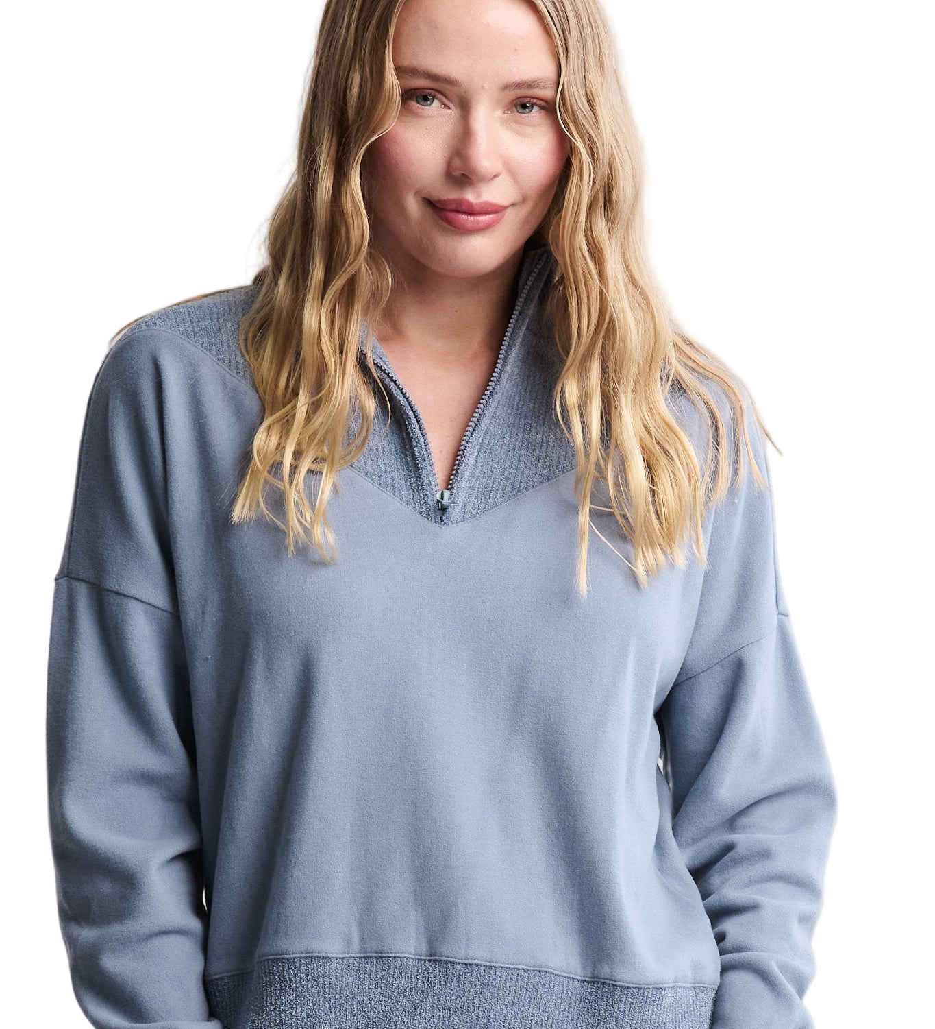 Barefoot Dreams Blue Dusk Brushed Fleece 1/4 Zip with CCUL Rib—luxury cozy pullover for layering or lounging. Available at Be Charmed