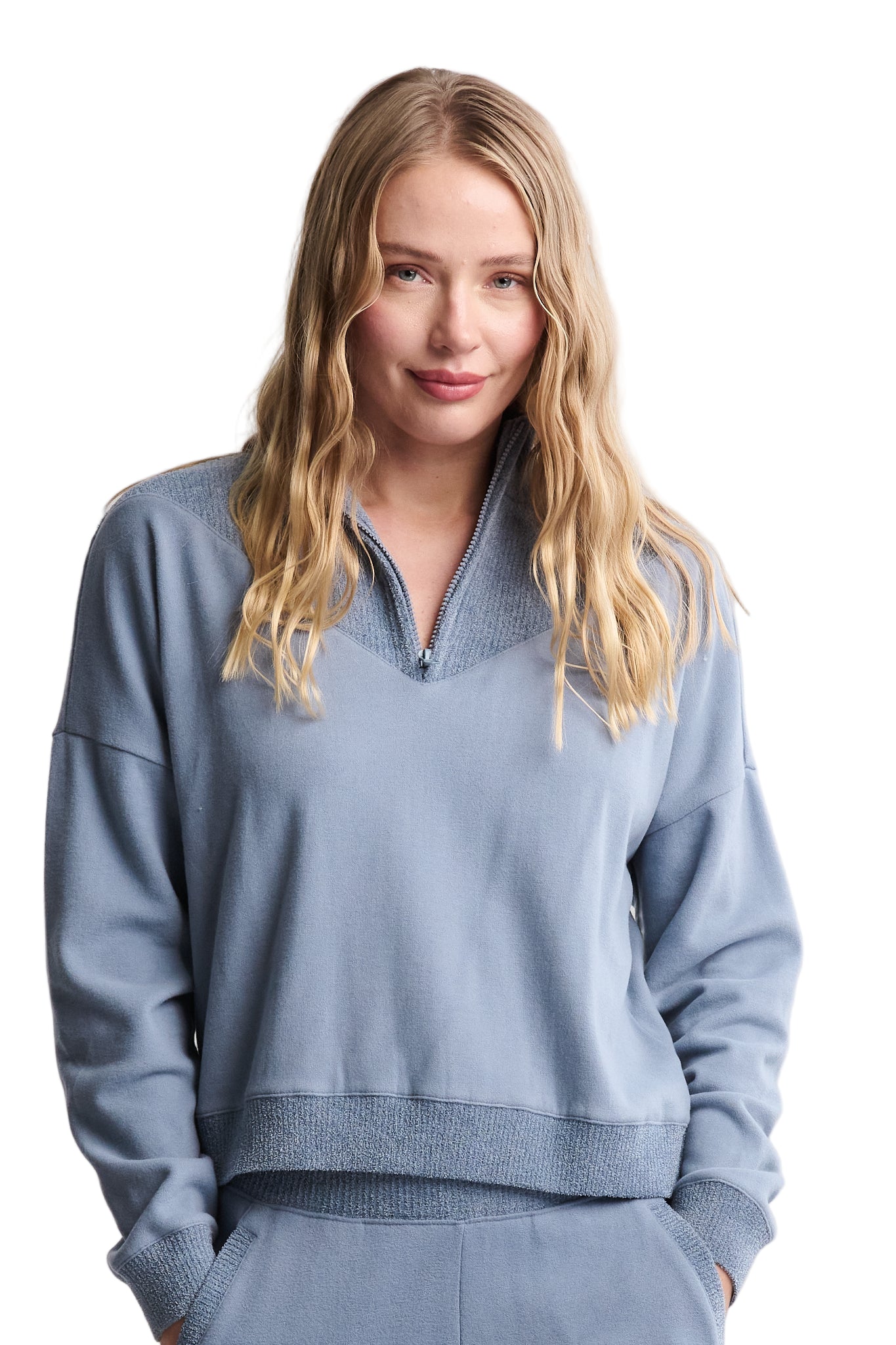 Barefoot Dreams Blue Dusk Brushed Fleece 1/4 Zip with CCUL Rib—luxury cozy pullover for layering or lounging. Available at Be Charmed