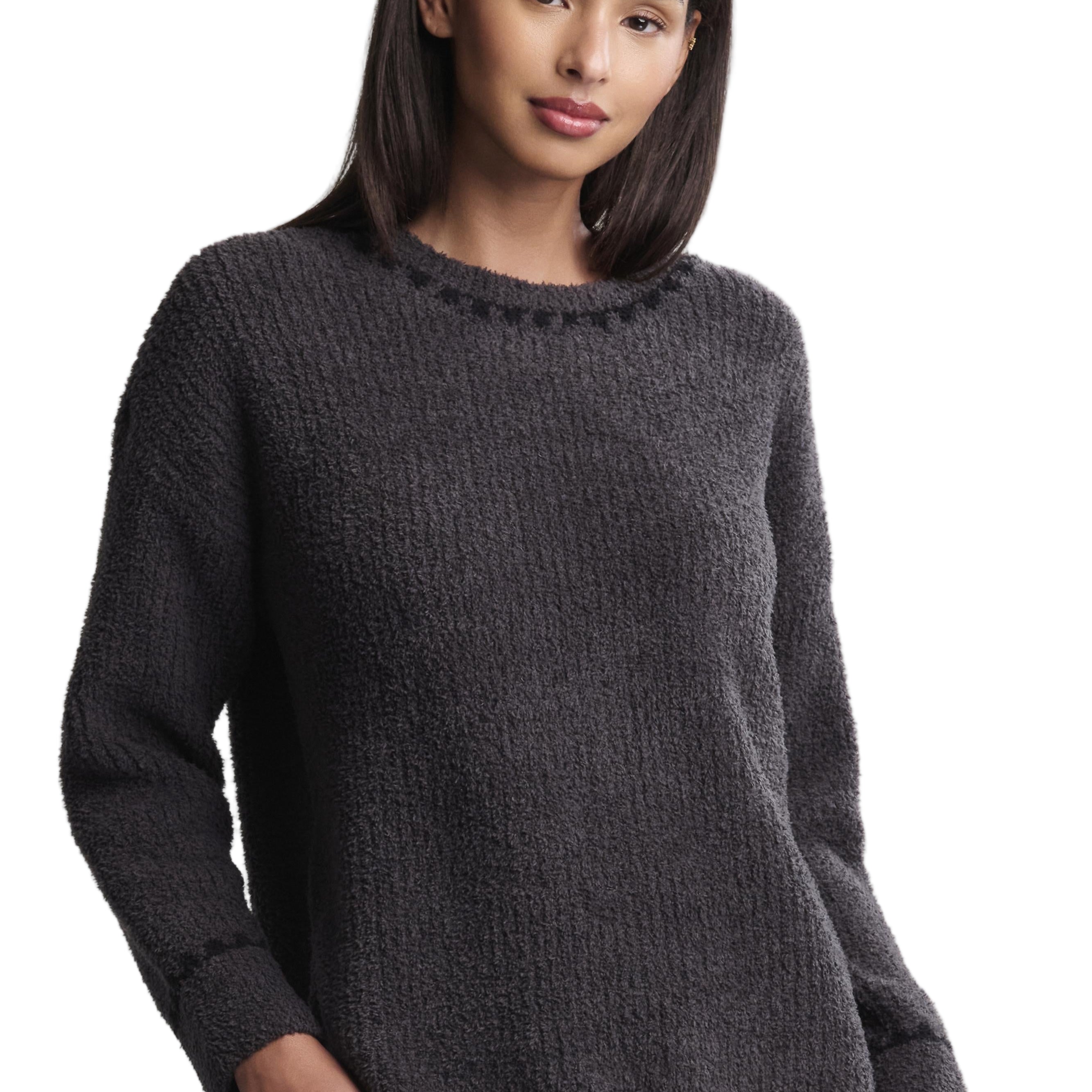 Barefoot Dreams Carbon CozyChic Ribbed Sweater with Blanket Stitch—luxury cozy sweater for layering or lounging. Available at Be Charmed