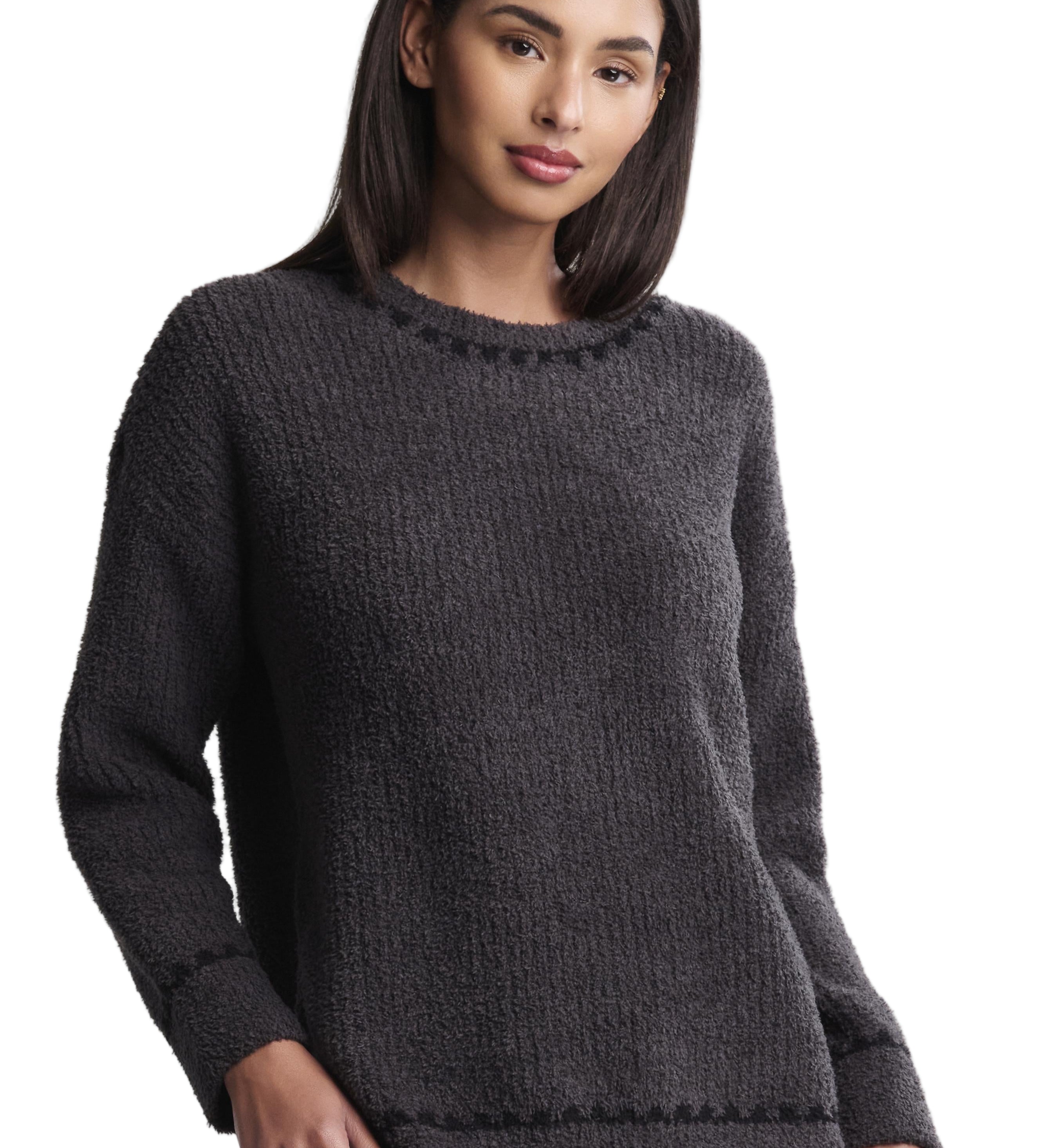 Barefoot Dreams Carbon CozyChic Ribbed Sweater with Blanket Stitch—luxury cozy sweater for layering or lounging. Available at Be Charmed