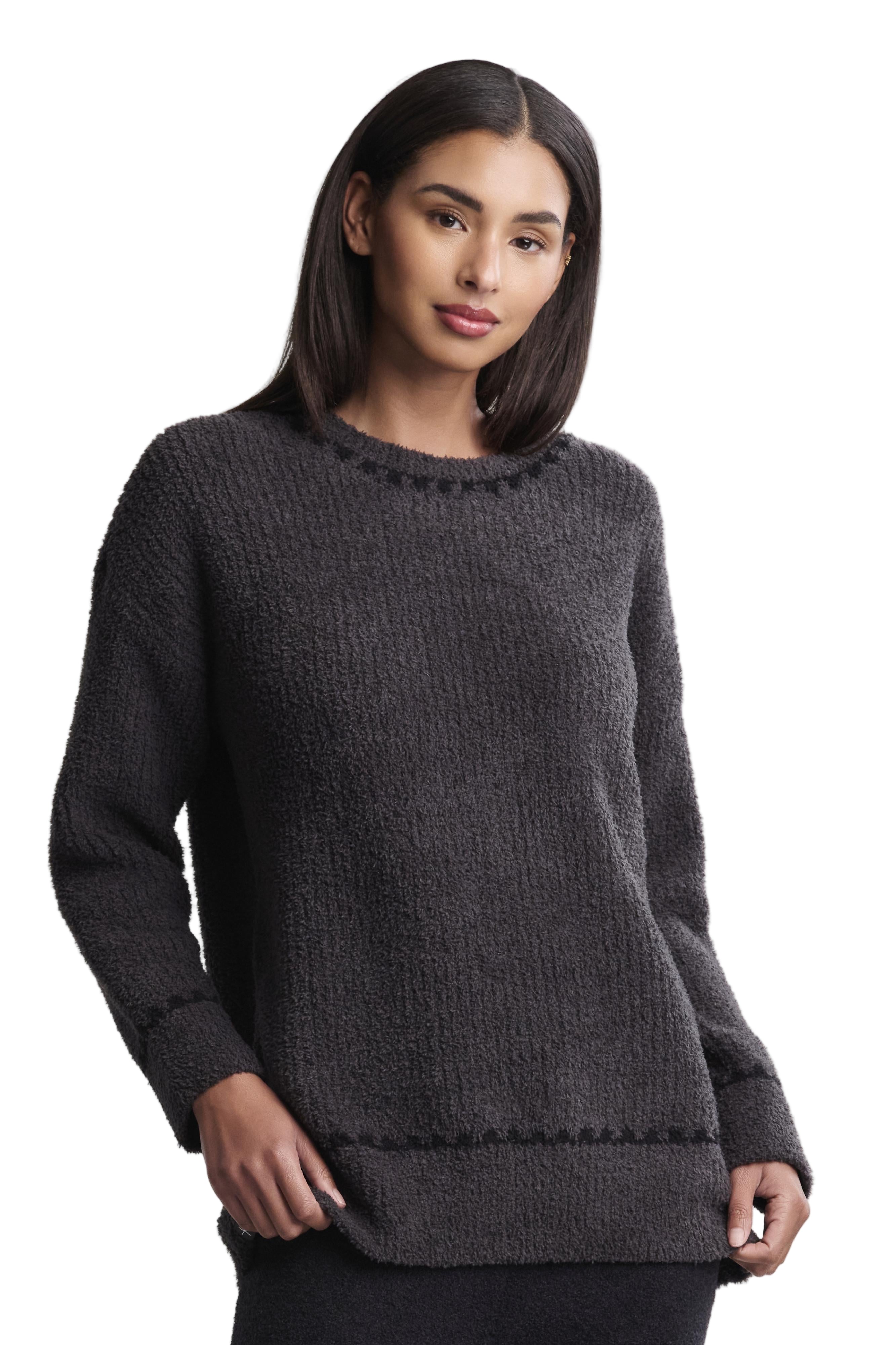 Barefoot Dreams Carbon CozyChic Ribbed Sweater with Blanket Stitch—luxury cozy sweater for layering or lounging. Available at Be Charmed
