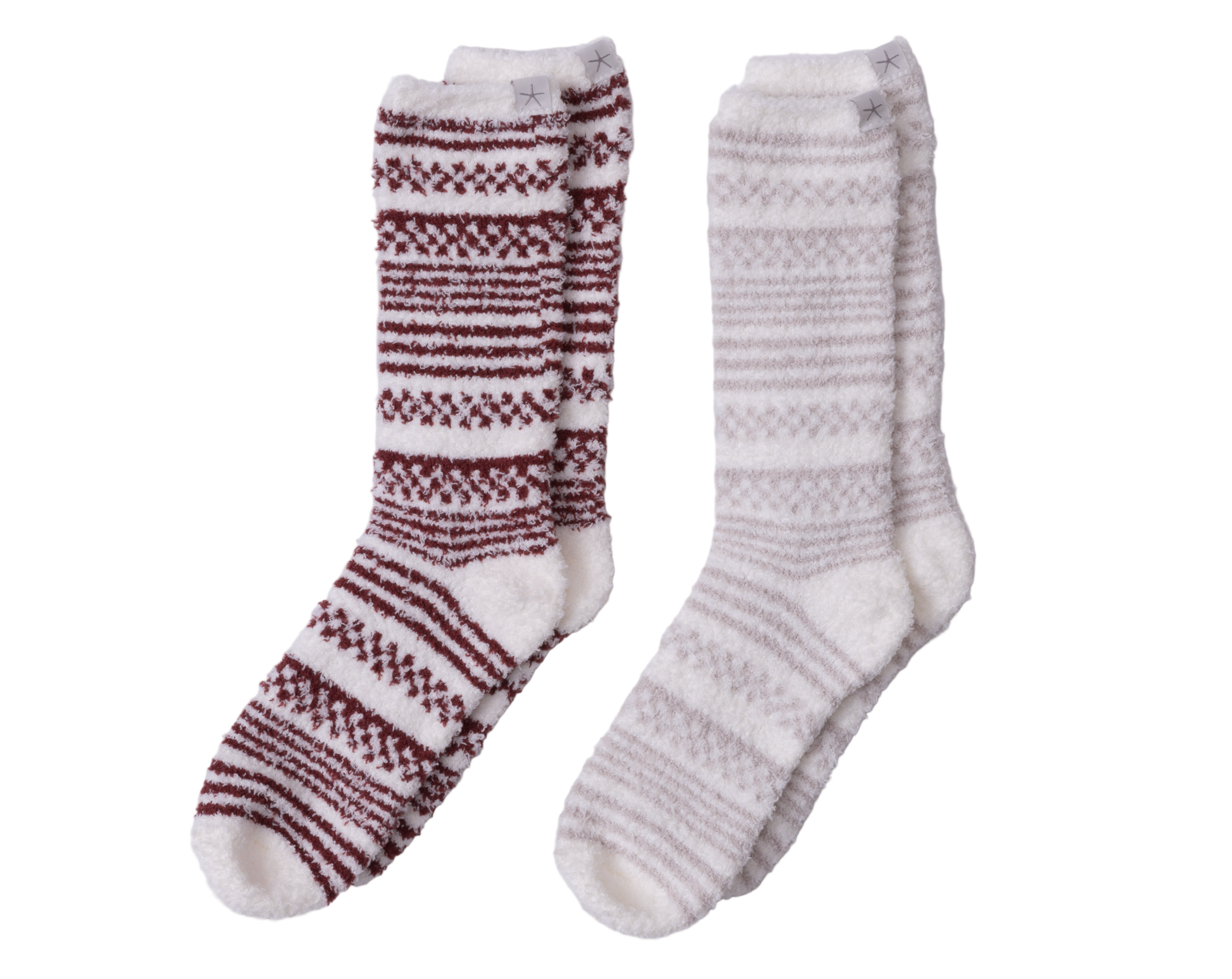 Barefoot Dreams CozyChic Checkered Stripe Sock Set in Crimson and Stone—luxury cozy socks for lounging or gifting. Available at Be Charmed
