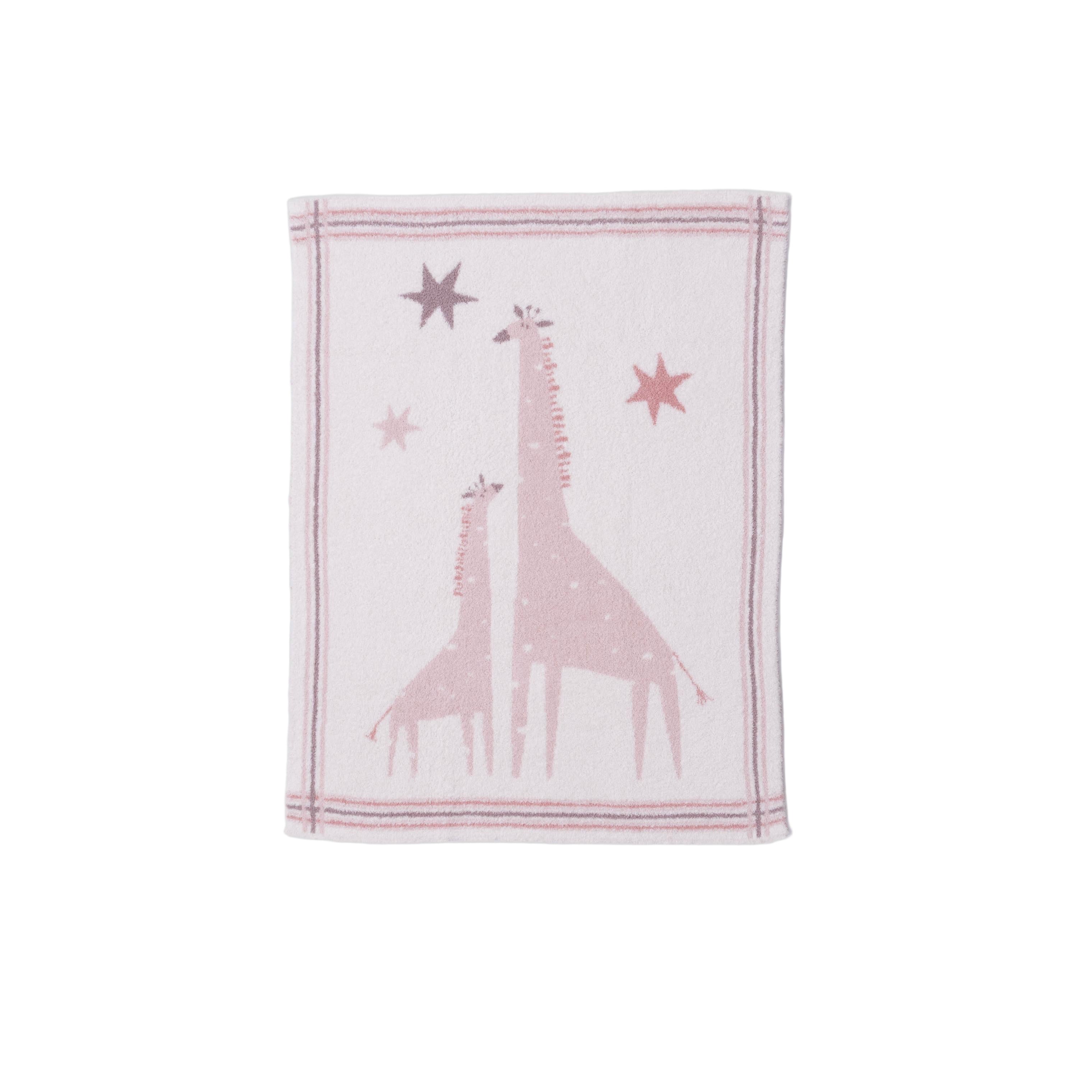 Barefoot Dreams CozyChic Dusty Rose Giraffe Stroller Blanket 30x40—luxurious baby blanket with giraffe print. Available at Be Charmed