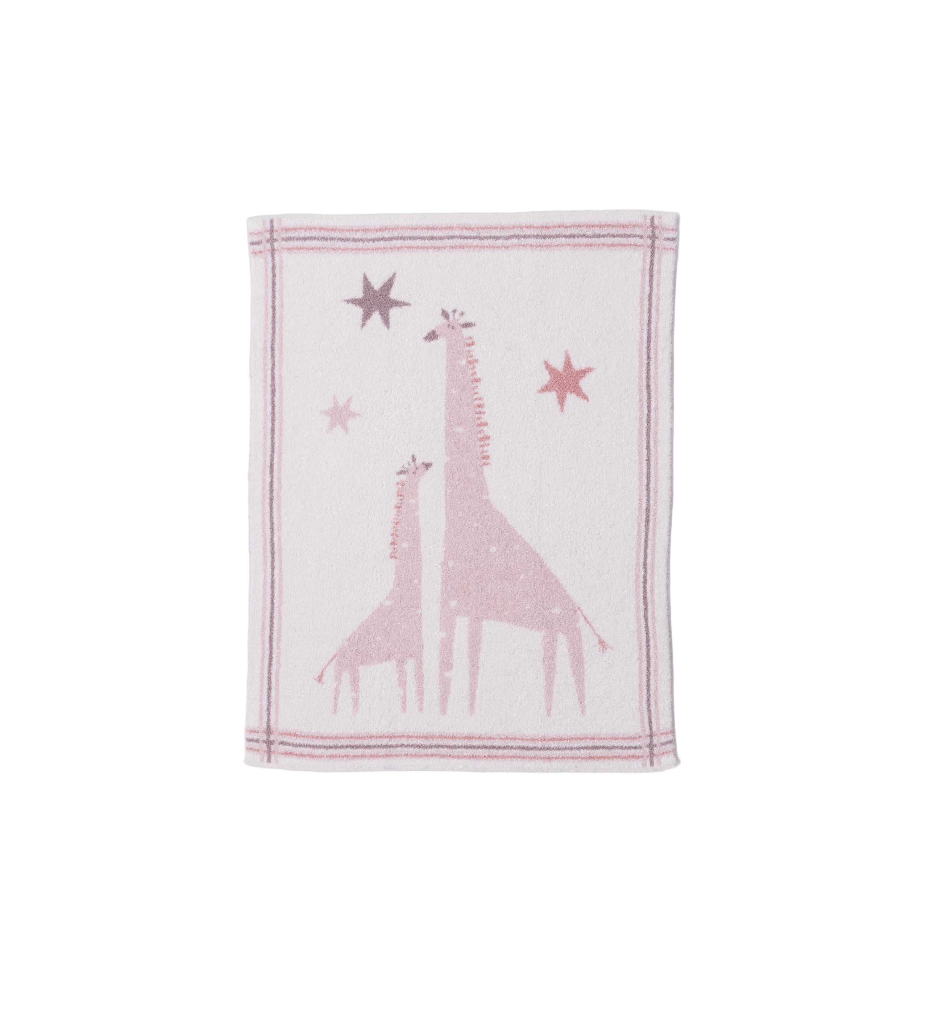 Barefoot Dreams CozyChic Dusty Rose Giraffe Stroller Blanket 30x40—luxurious baby blanket with giraffe print. Available at Be Charmed