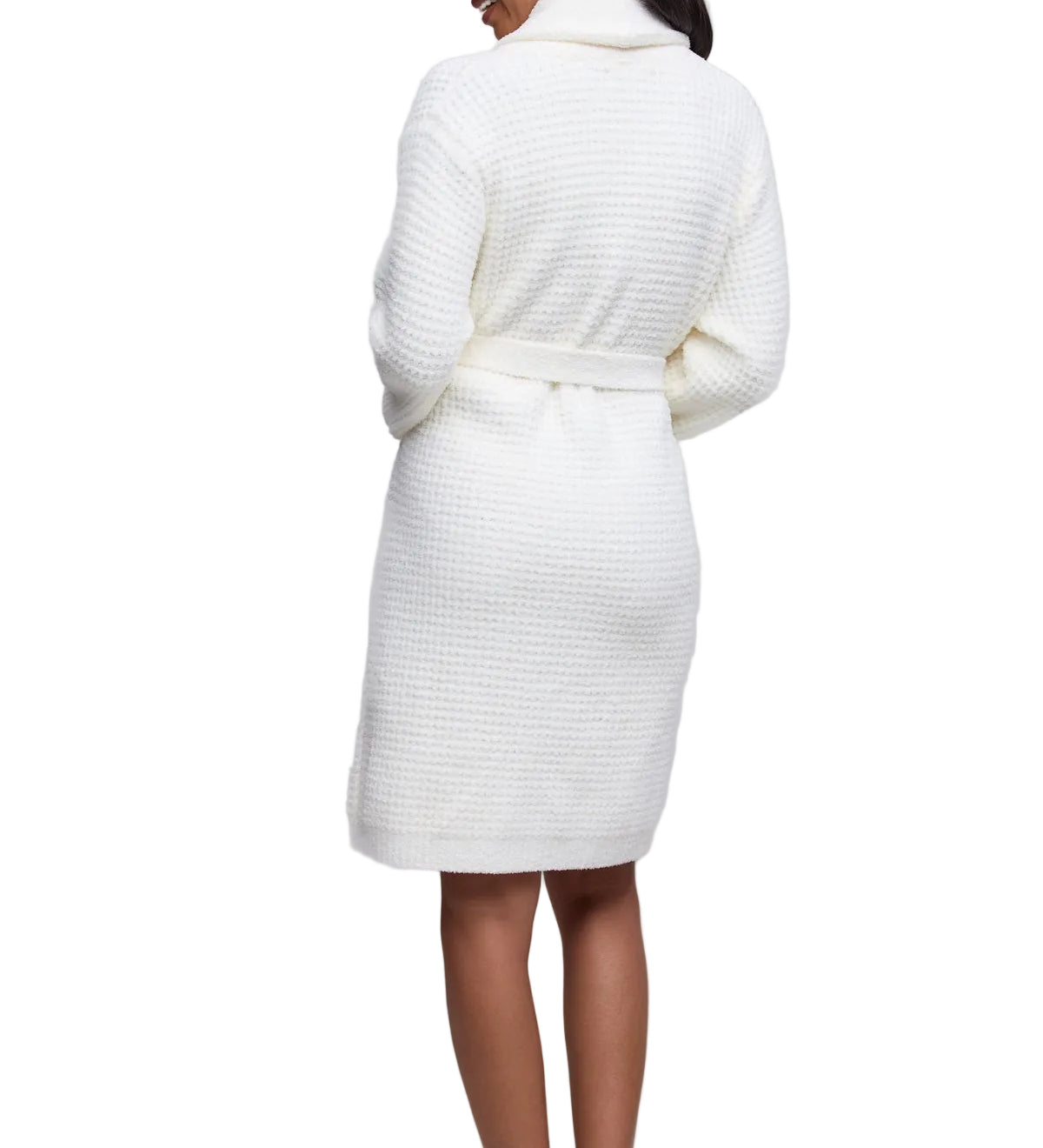 Barefoot Dreams CozyChic Waffle Robe in Pearl available at Be Charmed, featuring a luxurious soft waffle-knit texture and matching waist tie.