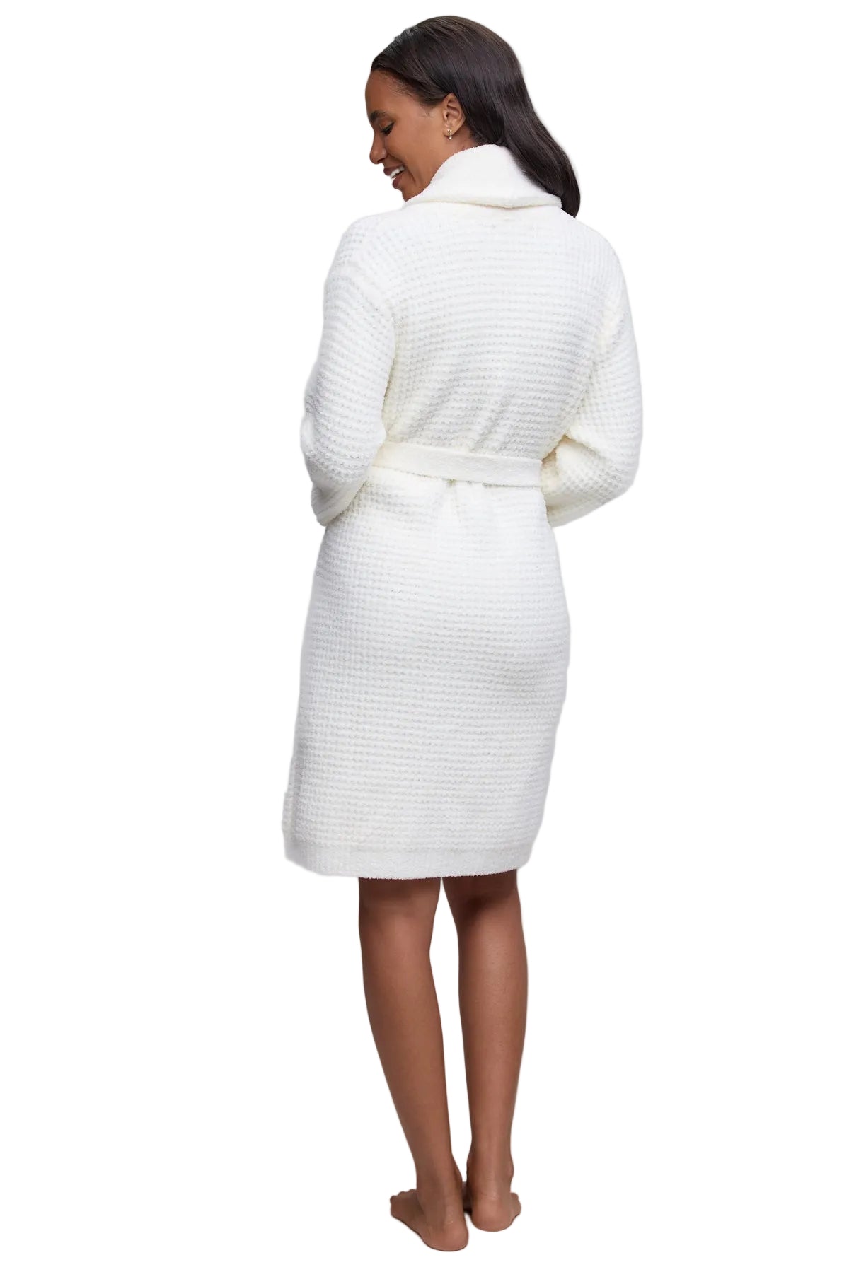 Barefoot Dreams CozyChic Waffle Robe in Pearl available at Be Charmed, featuring a luxurious soft waffle-knit texture and matching waist tie.