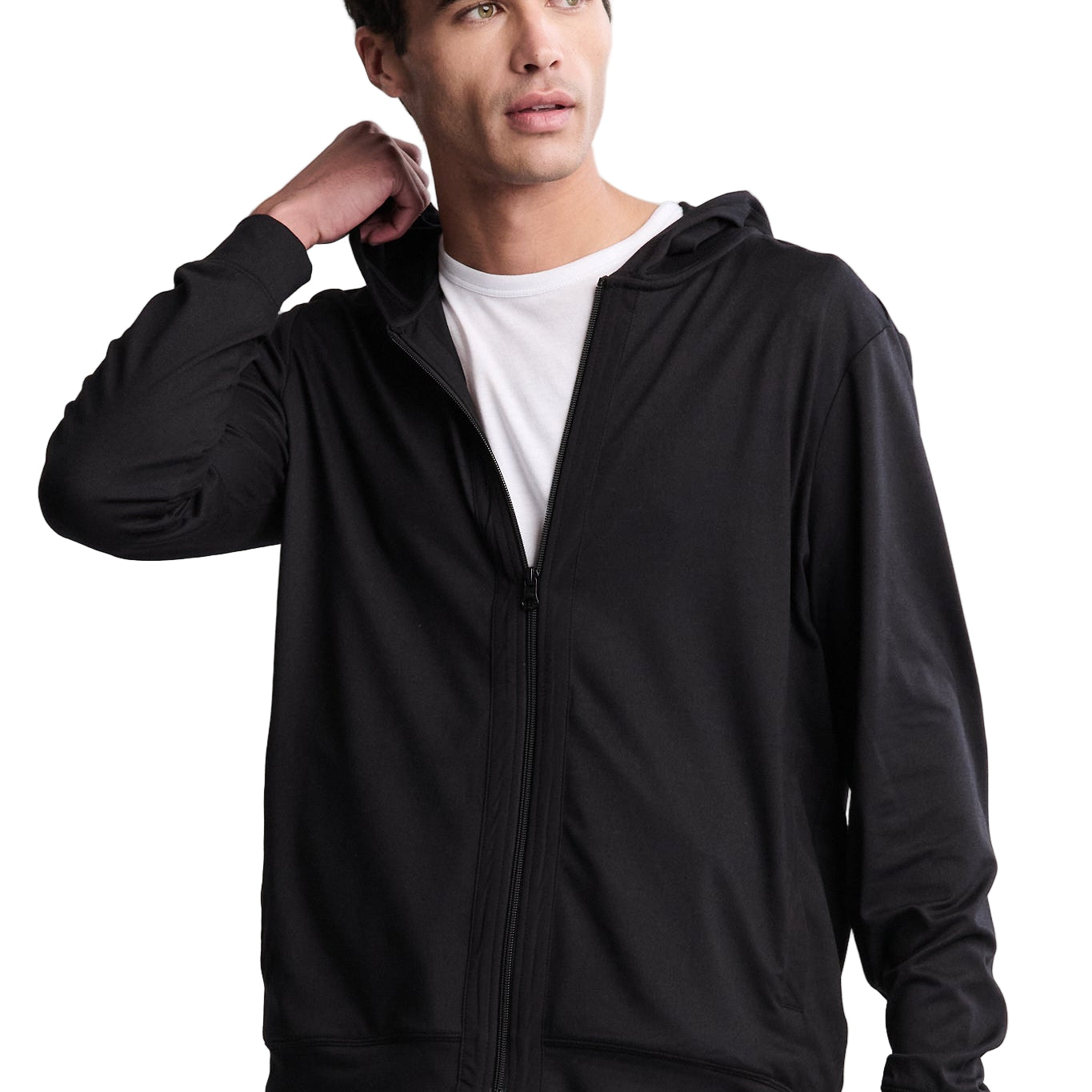 Barefoot Dreams Men’s Black Butterchic Zip Up Hoodie—cozy men’s zip sweater jacket. Available at Be Charmed