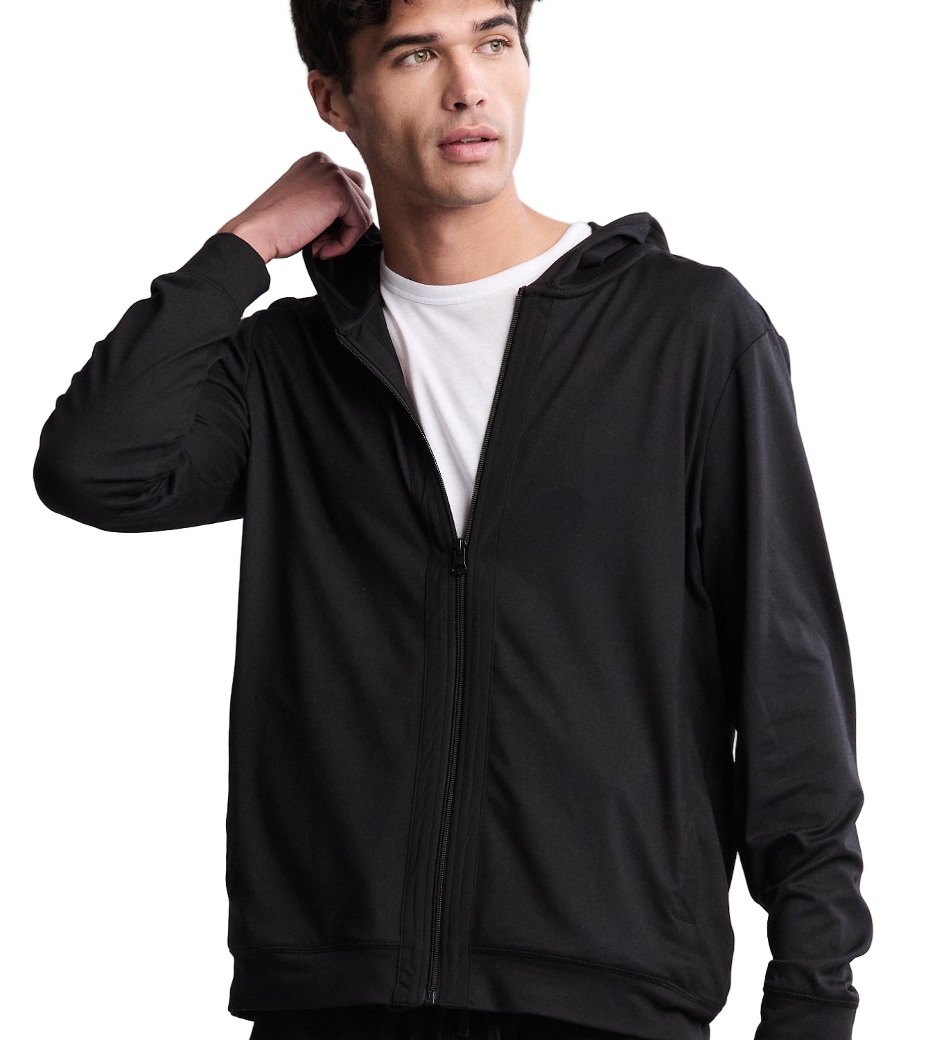 Barefoot Dreams Men’s Black Butterchic Zip Up Hoodie—cozy men’s zip sweater jacket. Available at Be Charmed