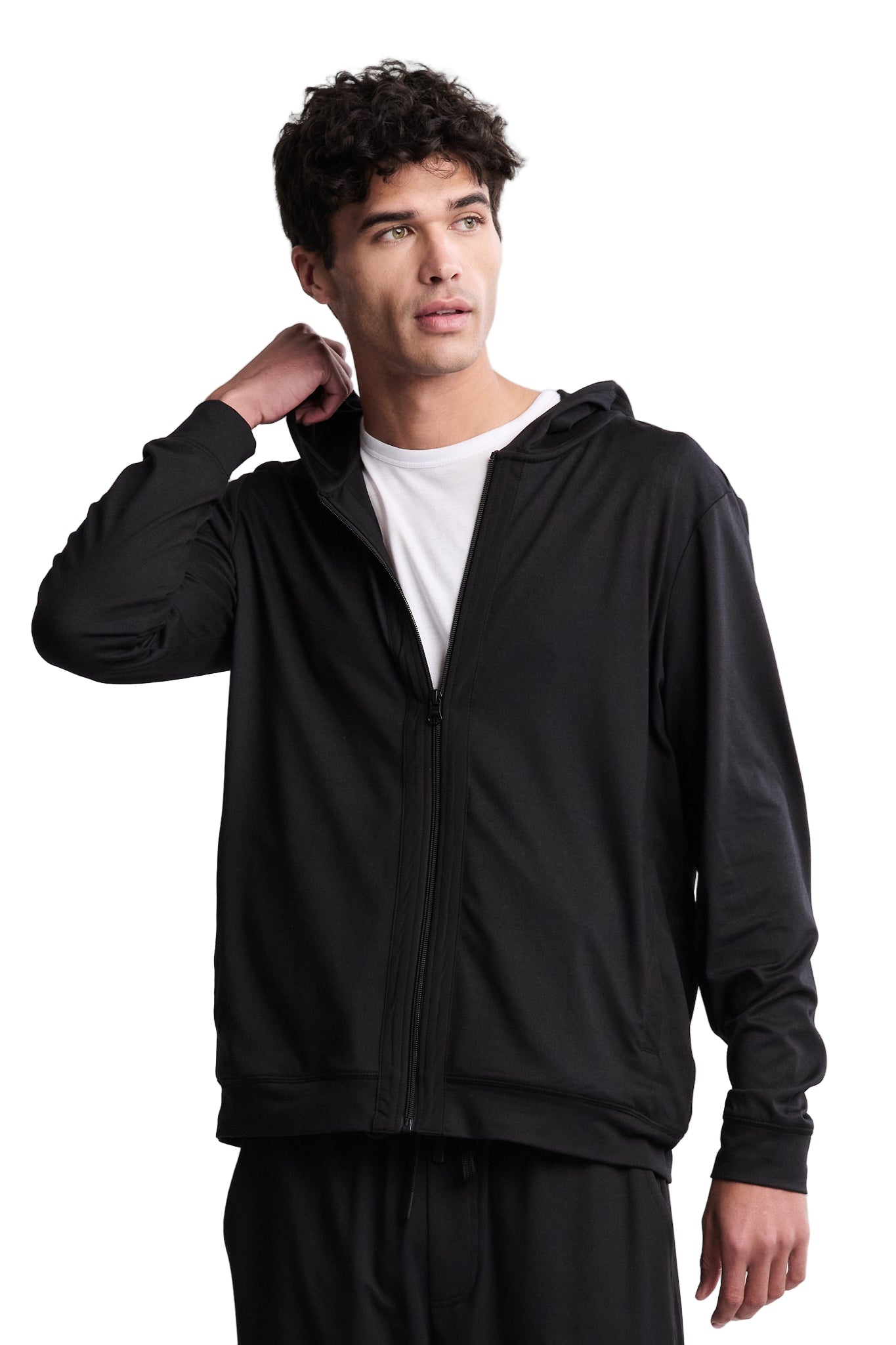 Barefoot Dreams Men’s Black Butterchic Zip Up Hoodie—cozy men’s zip sweater jacket. Available at Be Charmed