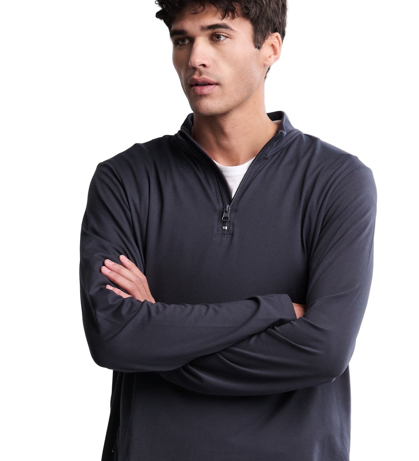 Barefoot Dreams Men’s Indigo Butterchic 1/4 Zip Pullover—cozy lightweight men’s sweater. Available at Be Charmed