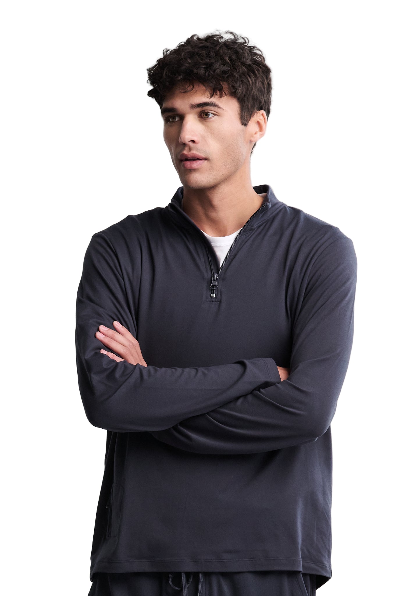 Barefoot Dreams Men’s Indigo Butterchic 1/4 Zip Pullover—cozy lightweight men’s sweater. Available at Be Charmed