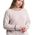 Barefoot Dreams Stone CozyChic Ribbed Sweater with Blanket Stitch—luxury cozy sweater for layering or lounging. Available at Be Charmed