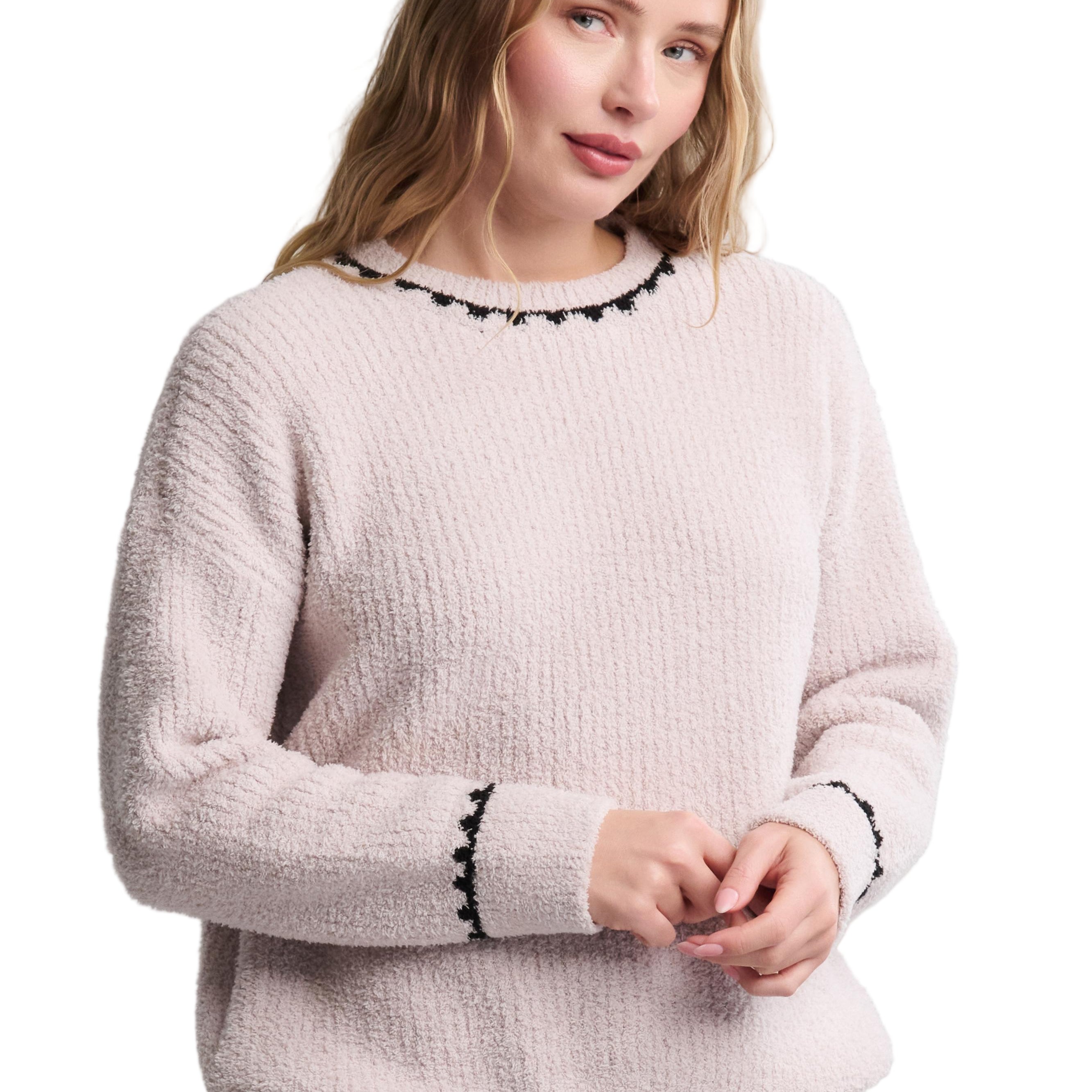 Barefoot Dreams Stone CozyChic Ribbed Sweater with Blanket Stitch—luxury cozy sweater for layering or lounging. Available at Be Charmed