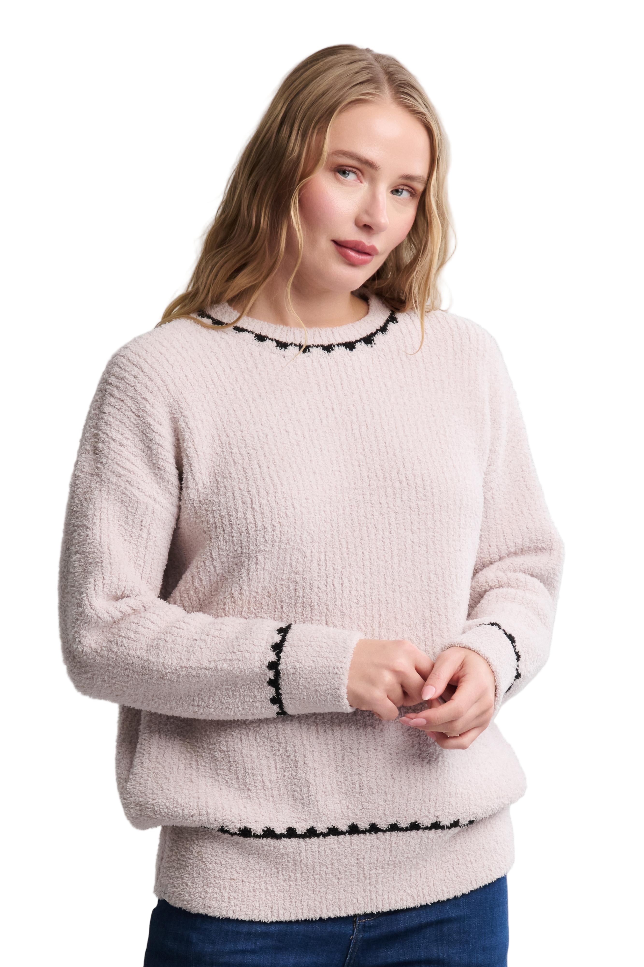 Barefoot Dreams Stone CozyChic Ribbed Sweater with Blanket Stitch—luxury cozy sweater for layering or lounging. Available at Be Charmed