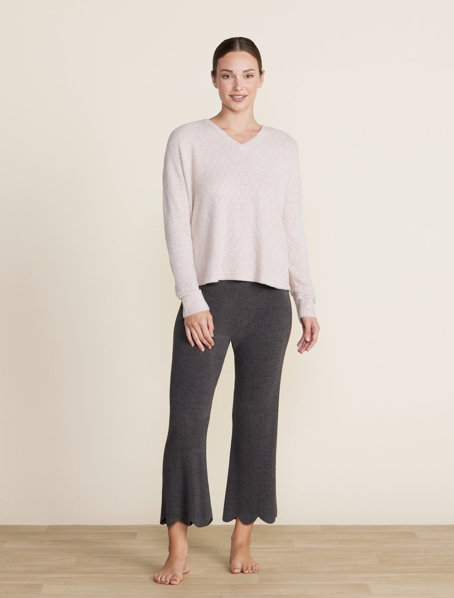 Front of Barefoot Dreams Chai CozyChic Lite Diamond Pointelle Pullover
