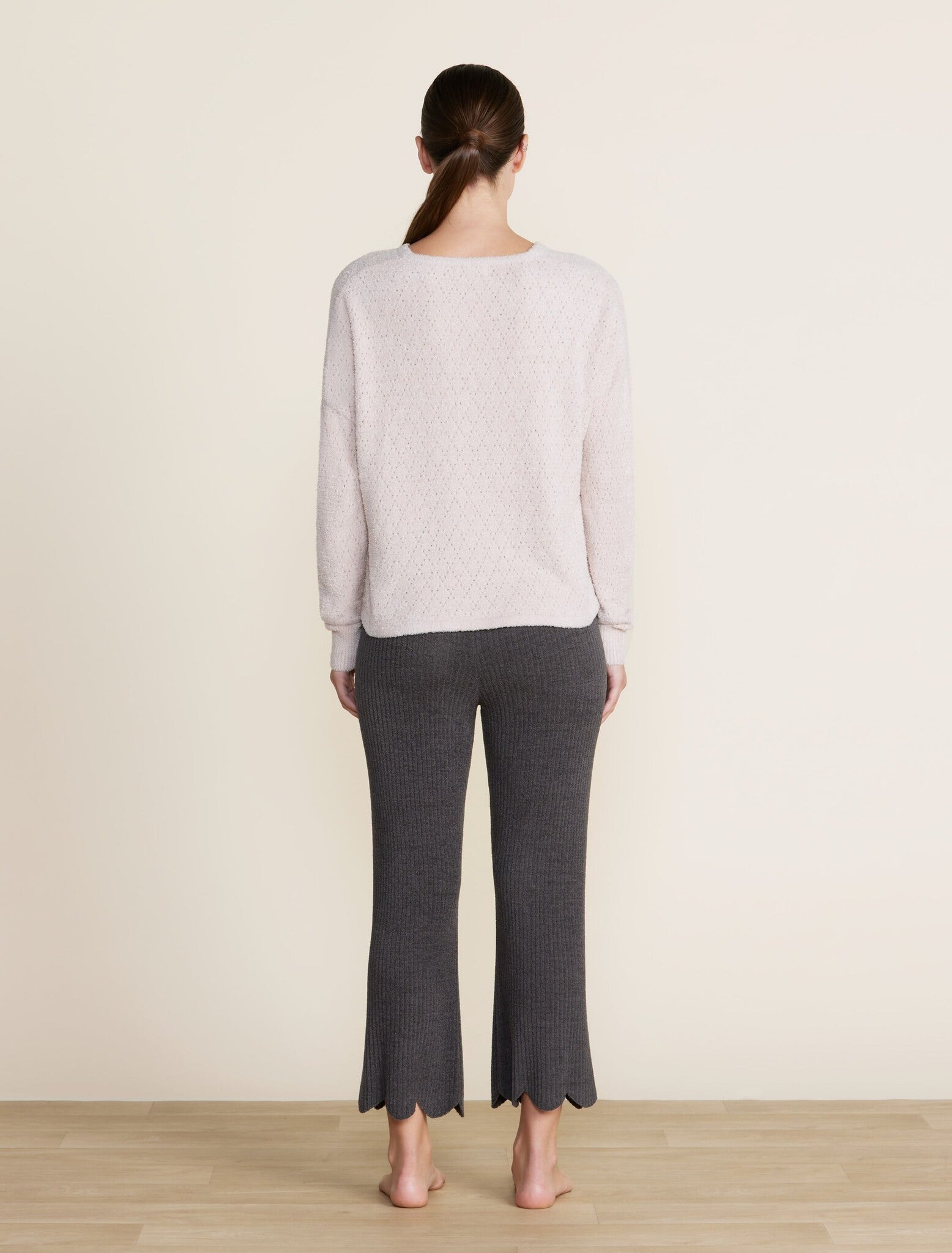 Back of Barefoot Dreams Chai CozyChic Lite Diamond Pointelle Pullover