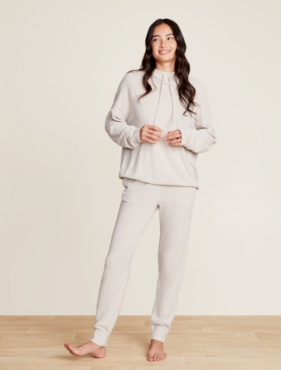 Woman Wearing Barefoot Dreams Bisque CozyChic Ultra Lite Hooded Pullover
