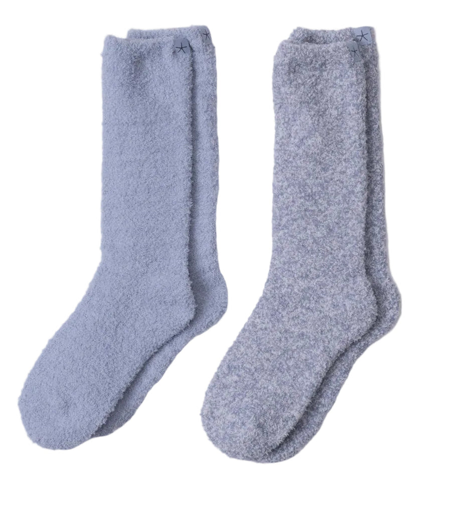 Barefoot Dreams CozyChic sock set in pale blue and heathered gray on a white background. Available at Be Charmed.