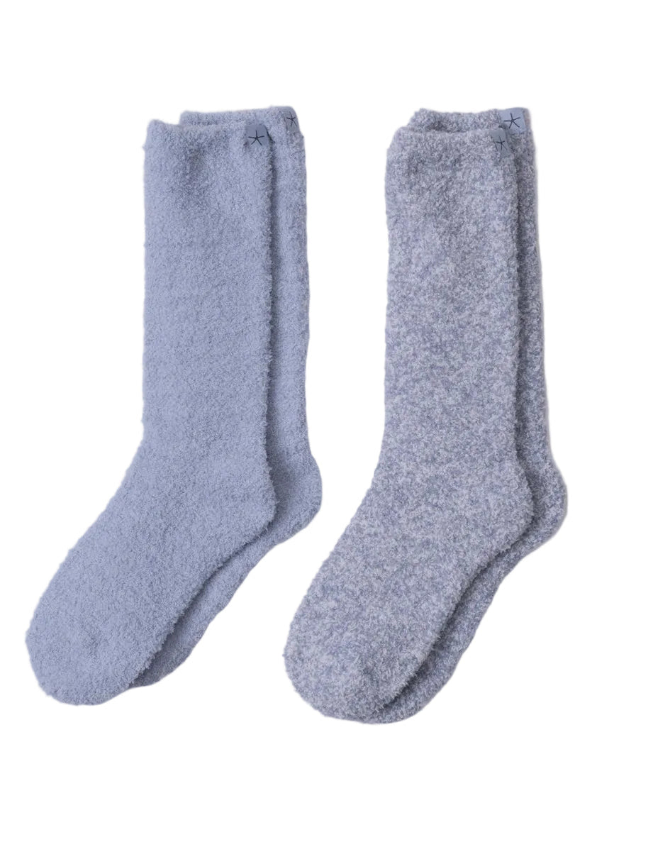 Barefoot Dreams CozyChic sock set in pale blue and heathered gray on a white background. Available at Be Charmed.
