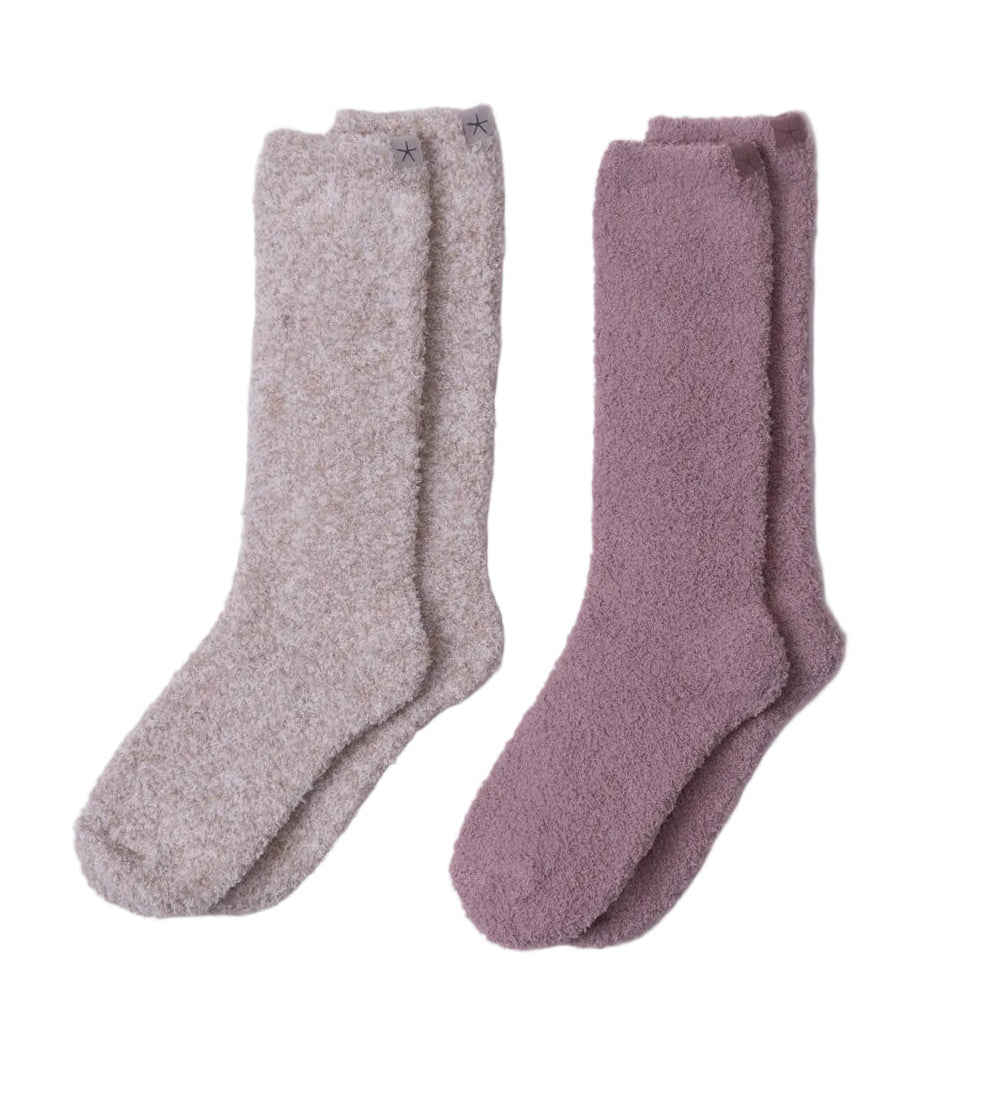 Barefoot Dreams CozyChic sock set in mauve and light stone on a white background. Available at Be Charmed.