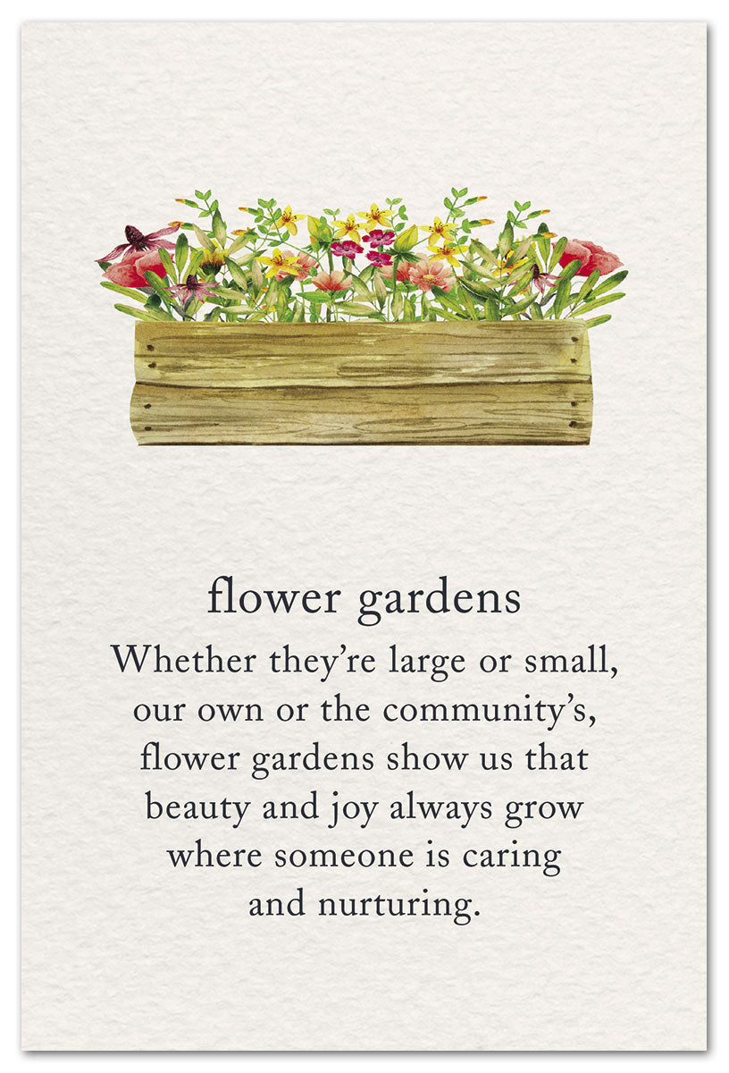 Cardthartic birthday card with a colorful flower box and “flower gardens” verse about beauty and joy growing through caring and nurturing. Available at Be Charmed.