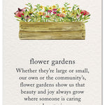 Cardthartic birthday card with a colorful flower box and “flower gardens” verse about beauty and joy growing through caring and nurturing. Available at Be Charmed.