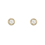 Cuties stud earrings with round, clear CZ stones in smooth gold-tone settings. Available at Be Charmed