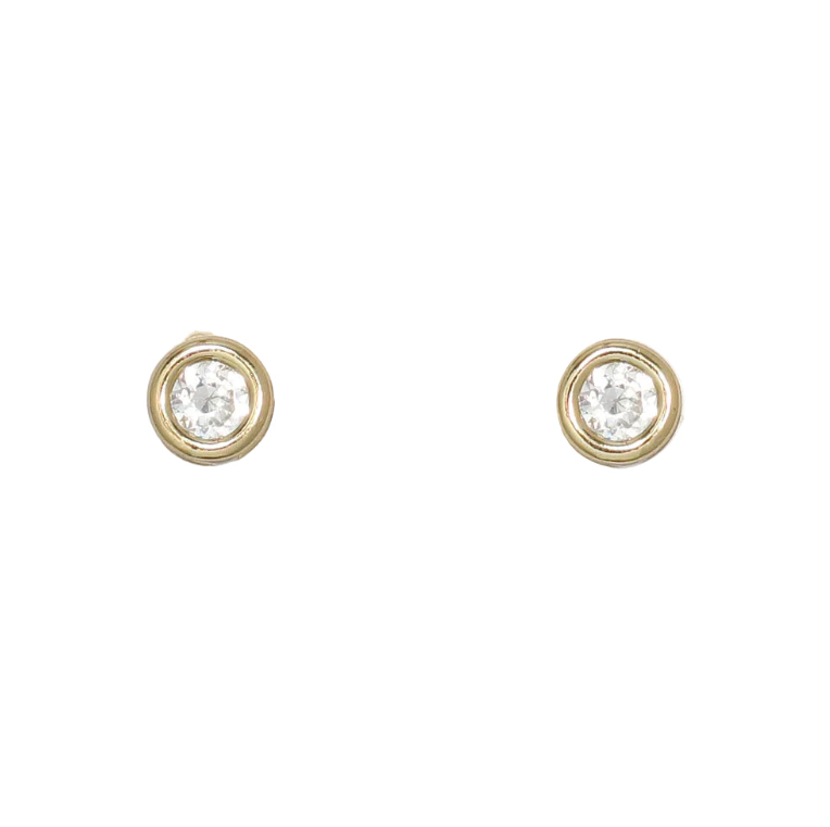 Cuties stud earrings with round, clear CZ stones in smooth gold-tone settings. Available at Be Charmed