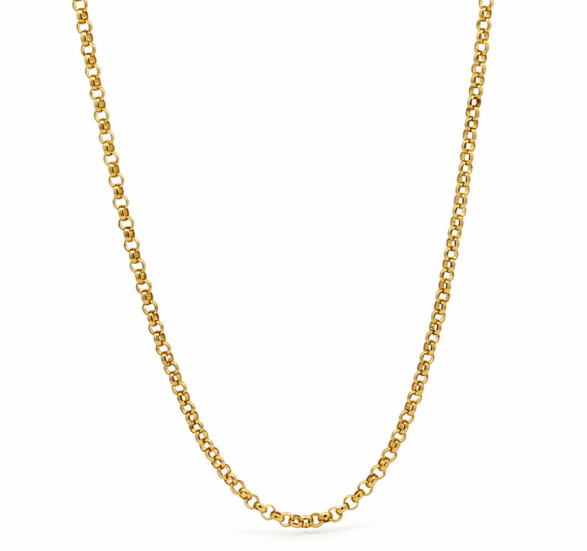 LOLA gold-tone cable chain necklace with rounded links on a white background. Available at Be Charmed.