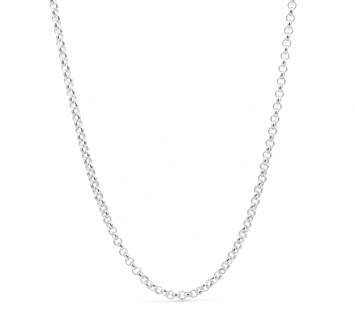  LOLA silver-tone cable chain necklace with rounded links on a white background. Available at Be Charmed.