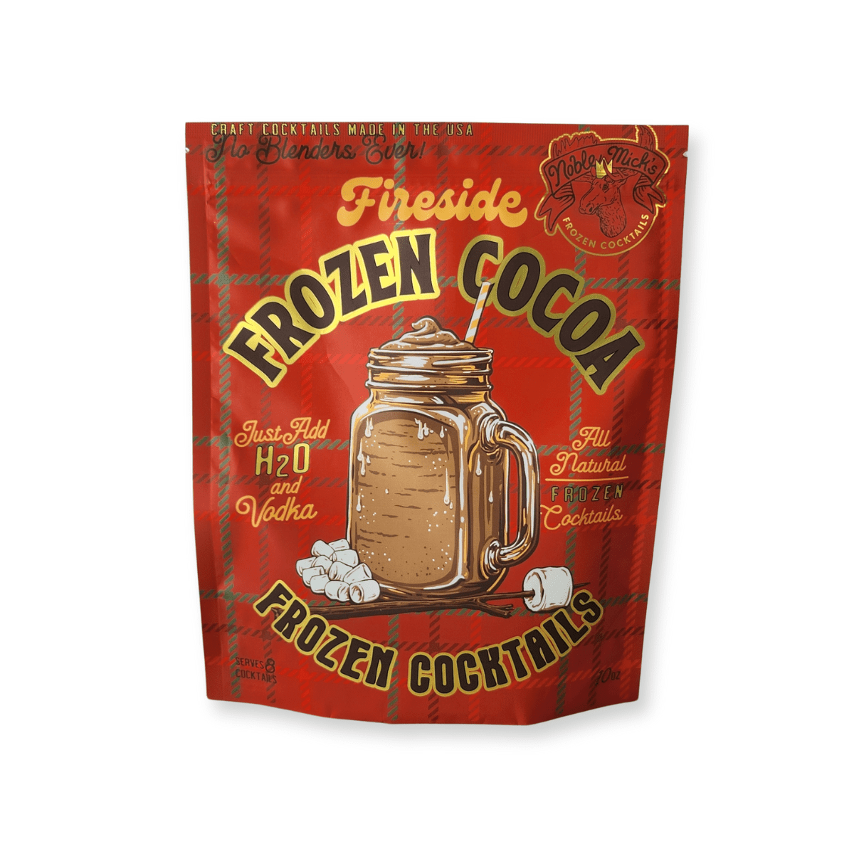 Noble Mick’s Fireside Frozen Cocoa cocktail mix in a red plaid pouch with a cocoa-filled mason jar and marshmallows. Available at Be Charmed