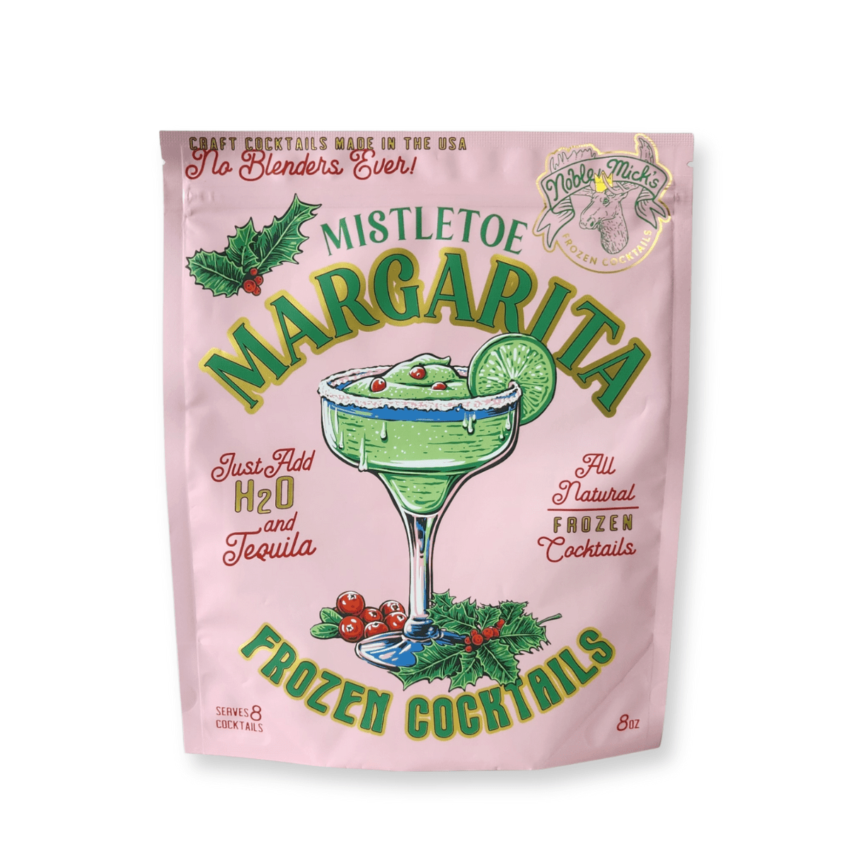 Noble Mick’s Mistletoe Margarita frozen cocktail mix in a pink pouch with a green margarita, lime and holly illustration. Available at Be Charmed