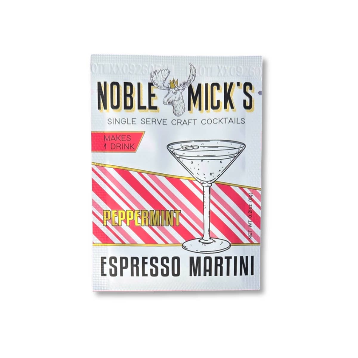 Noble Mick’s single-serve Peppermint Espresso Martini packet with pink and white stripes and a martini glass illustration. Available at Be Charmed