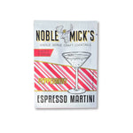 Noble Mick’s single-serve Peppermint Espresso Martini packet with pink and white stripes and a martini glass illustration. Available at Be Charmed
