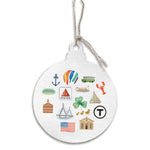 Rustic Marlin White ornament with colorful Boston icons, including a lobster, sailboat, shamrock and T symbol. Available at Be Charmed