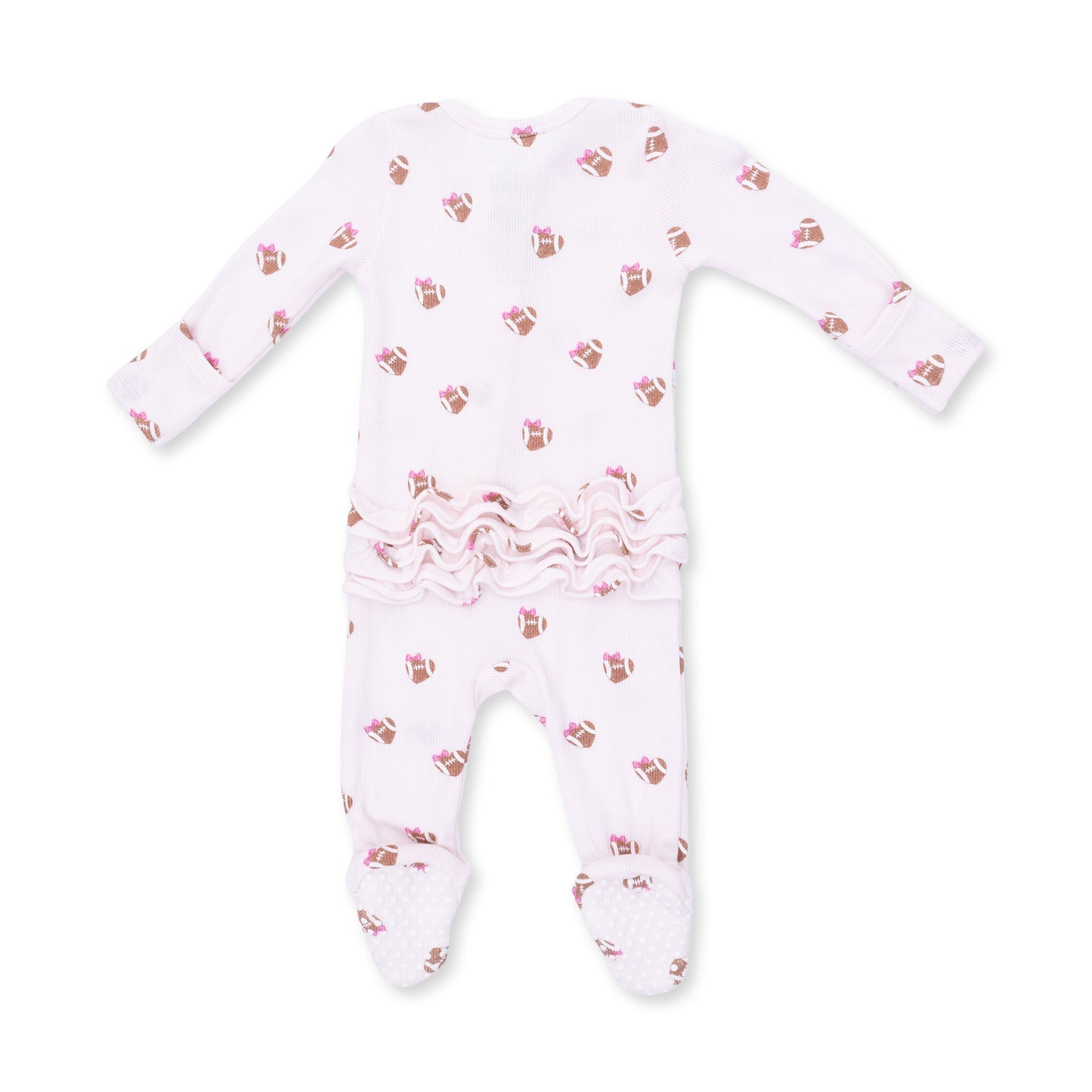 Back of Angel Dear - 2 Way Ruffle Back Footie - Mini Football Hearts available at Be Charmed