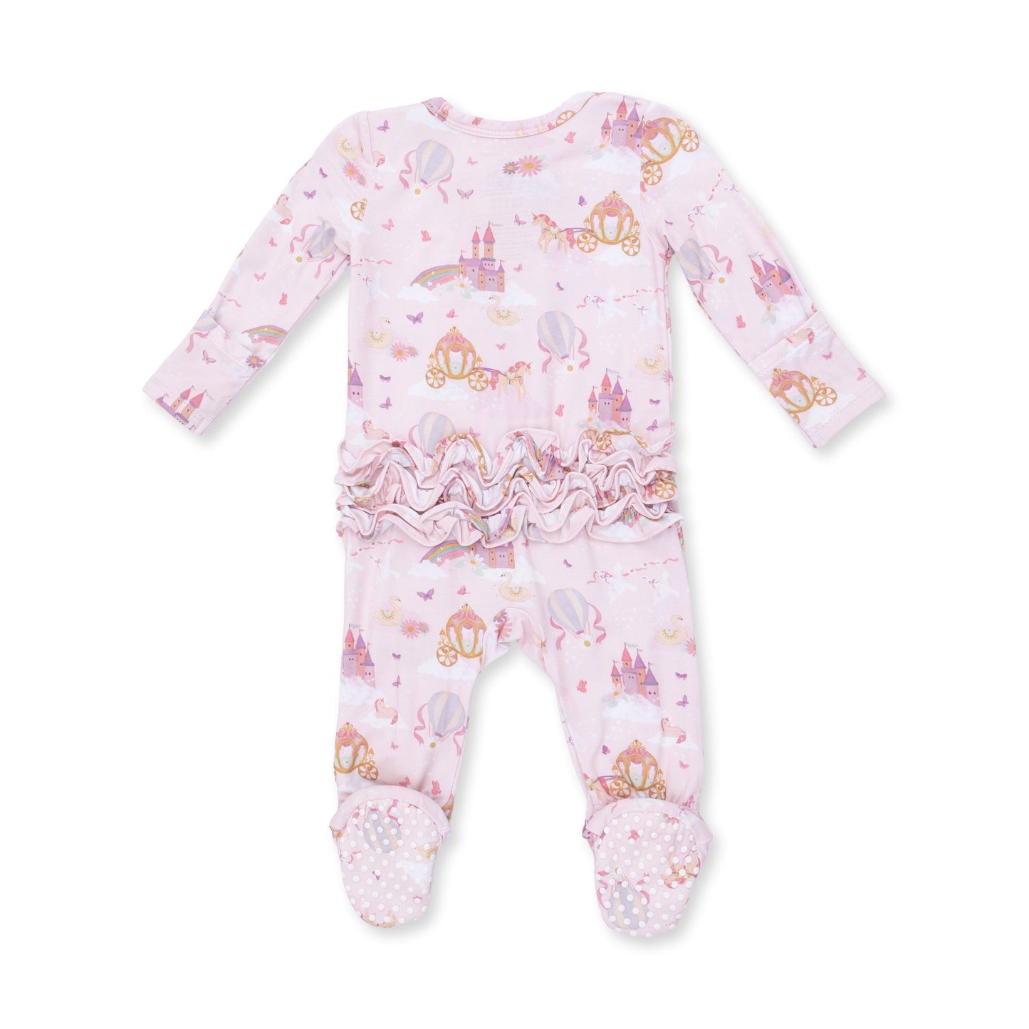 An Angel Dear baby long-sleeve footed sleeper in light pink with a whimsical fairy tale print of castles, carriages, and hot air balloons, featuring a ruffled waistband and matching footies. Available at Be Charmed