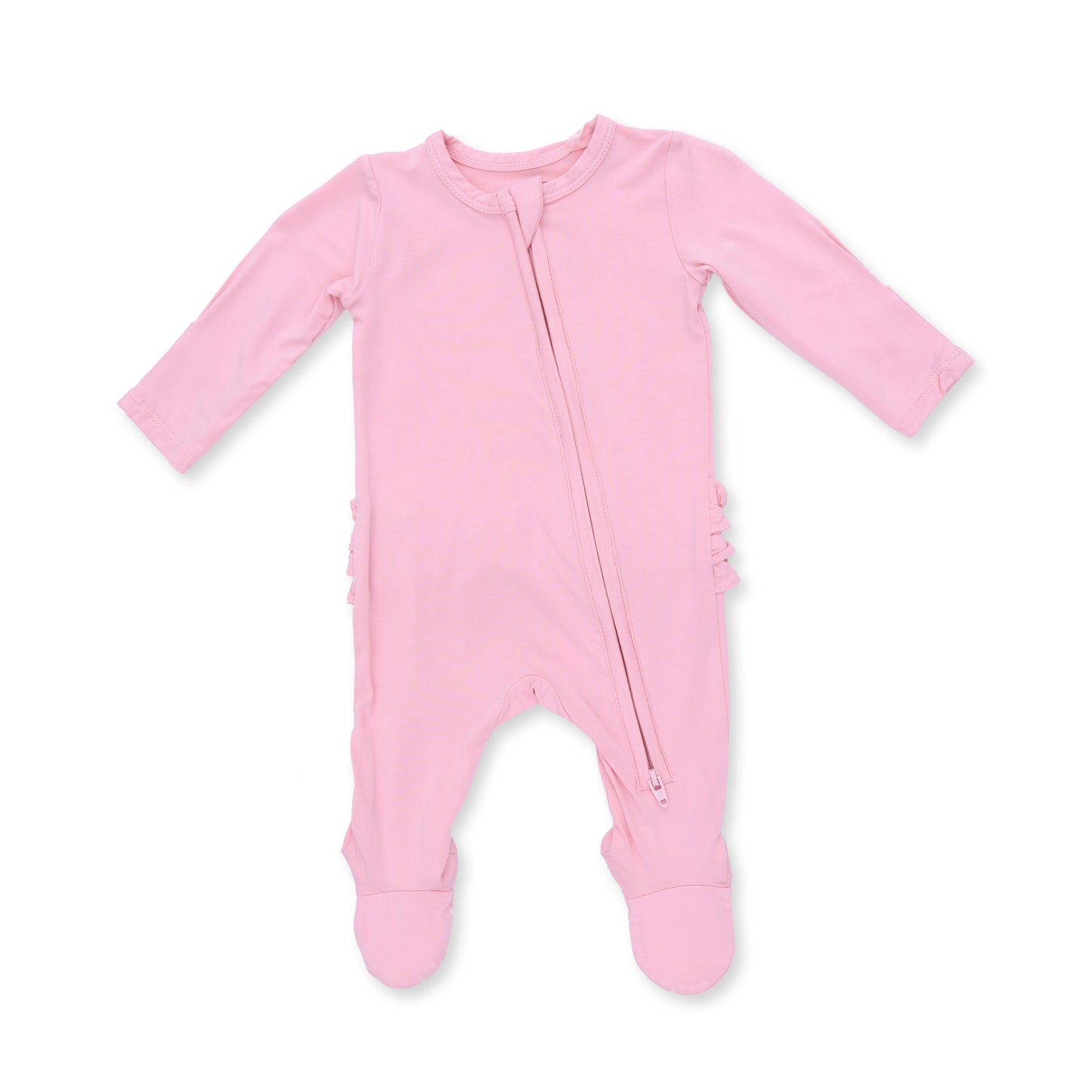 An Angel Dear candy pink long-sleeve baby footed sleeper with a front zipper, displayed flat against a white background. Available at Be Charmed