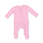 An Angel Dear candy pink long-sleeve baby footed sleeper with a front zipper, displayed flat against a white background. Available at Be Charmed