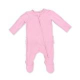 An Angel Dear candy pink long-sleeve baby footed sleeper with a front zipper, displayed flat against a white background. Available at Be Charmed