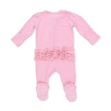 An Angel Dear candy pink long-sleeve footed sleeper with a ruffled waistband and white polka dot foot covers, shown from the back on a white background. Available at Be Charmed