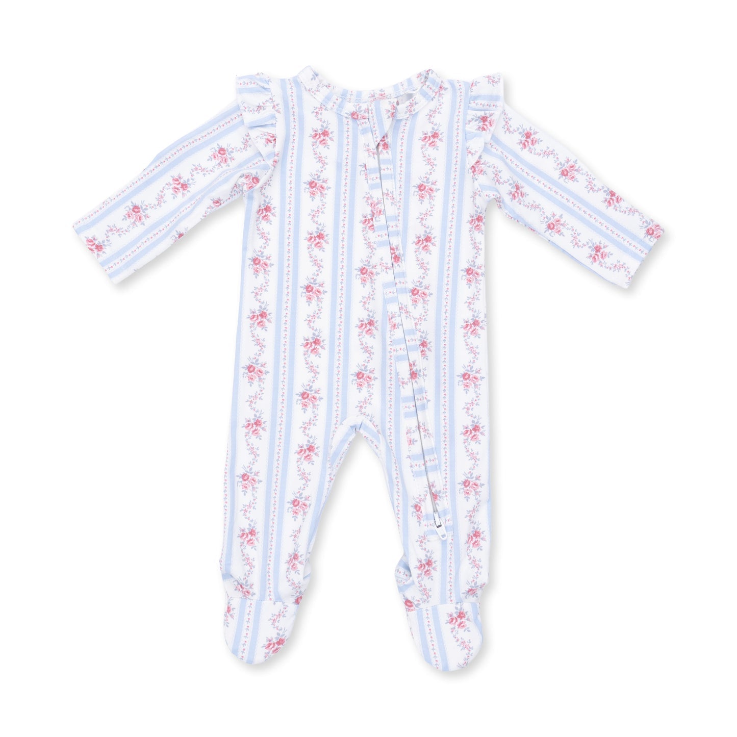 An Angel Dear baby footed sleeper with long sleeves and a front zipper, featuring vertical light blue and white stripes with pink floral patterns, laid flat on a white background. Available at e Charmed