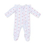 An Angel Dear baby footed sleeper with long sleeves and a front zipper, featuring vertical light blue and white stripes with pink floral patterns, laid flat on a white background. Available at e Charmed