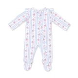 An Angel Dear baby footed sleeper with long sleeves and a front zipper, featuring vertical light blue and white stripes with pink floral patterns, laid flat on a white background. Available at e Charmed