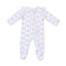An Angel Dear baby footed sleeper with long sleeves and a front zipper, featuring vertical light blue and white stripes with pink floral patterns, laid flat on a white background. Available at e Charmed
