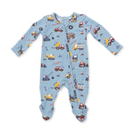 Angel Dear Baby onesie with construction vehicle pattern on a light blue background. Available at Be Charmed