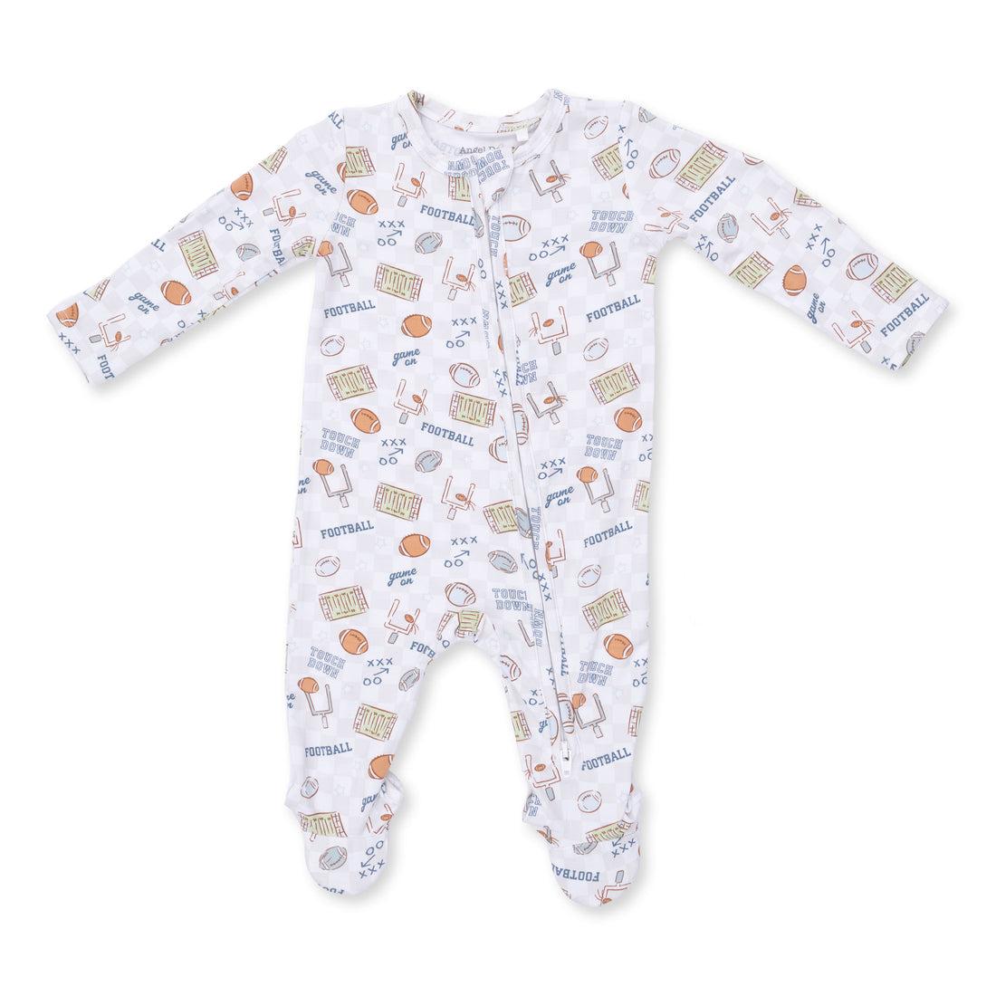 An Angel Dear baby long-sleeve footed sleeper in white with an all-over football-themed print in blue, orange, and beige, shown flat on a white background. Available at Be Charmed