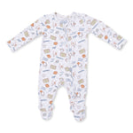 An Angel Dear baby long-sleeve footed sleeper in white with an all-over football-themed print in blue, orange, and beige, shown flat on a white background. Available at Be Charmed